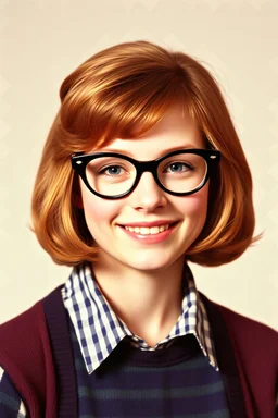 full color image, 1980's yearbook photo, girl, Molly Ringwald, 24 years old, a sly, clever smile on her face, 1980's clothing and hair styles, 4k UHD, photorealistic, (big, full, plump, pouty lips:1.5) big cat-eye eyeglasses, full body, head to toe, full frontal