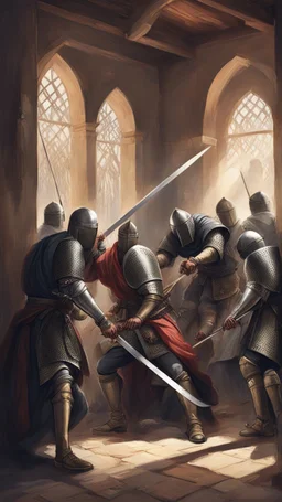 A group of Muslim knights kill a knight with a sword, inside his house