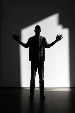 a man in an empty space standing in front of a wall looking at his shadow reflected on the wall. The shadow is raising his hands y