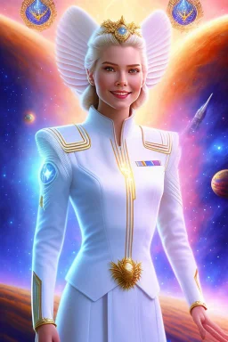 young cosmic woman admiral from the future, one fine whole face, large cosmic forehead, crystalline skin, expressive blue eyes, blue hair, smiling lips, very nice smile, costume pleiadian,rainbow ufo Beautiful tall woman pleiadian Galactic commander, ship, perfect datailed golden galactic suit, high rank, long blond hair, hand whit five perfect detailed finger, amazing big blue eyes, smilling mouth, high drfinition lips, cosmic happiness, bright colors, blue, pink, gold, jewels, realistic, real