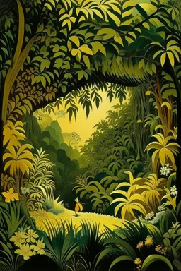 A dark brownish yellow cavern covered in foliage designed in Chinese paper art painted by Henri Rousseau