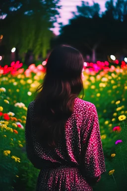 A photo of a brunette woman in a flower garden at night, facing away from the camera