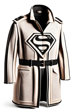 Men's Superman's Balenciaga Winter Trenchcoat elegant inspired by Superman's Big emblem design beige tones with dual color on a white background, product catalog photography, soft spot lighting, depth of field, 4k –ar 3:5 –q 2