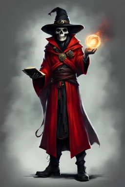A warlock with (a book and a skull:1.4) wearing a (red robe:1.2), black shoes, a hat, and a ring, (casting a curse:1.4), looking (cunning and wicked:1.2)