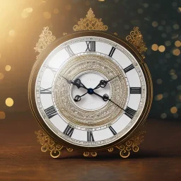 crystal ornate round clock with a transparent body, wood and black and gold, transparent, rococo, Artstation, intricate and meticulously detailed 8 k, ornate and jewels, bokeh background