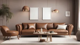 Home interior mock-up with brown leather sofa, table and decor in living room, 3d render