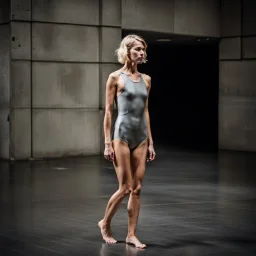 beautiful anorexic woman, total shot, short grey metallic triathlon swimsuit, short blond wavy bob hair, blurred concrete background