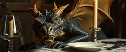 close up portrait painted by Rembrandt, stupid looking dragon with wrong proportions on dinner table