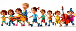 children joyfully walking with musical instruments. Pixar Digital painting illustration