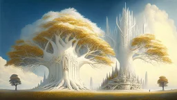 Valinor, tolkien, two giant trees, one giant golden tree, one giant silver tree, surrounded by a giant white castle.