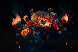 flower bouquet in fire in moonlight