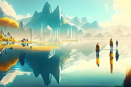 Sunny day, distant modern city, lake, lake reflections, people, mountains, sci-fi