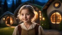 little young hobbit girl, beautiful, confident, calm, wise, happy, innocent, facing camera, head and shoulders, hobbit clothing, perfect eyes, LOTR village, hobbit homes with circular windows and round doors, night scene, stars, fireflies, 16k artistic photography, exquisite composition, photorealistic concept art, soft natural volumetric light, chiaroscuro, award-winning photograph, masterpiece, style William-Adolphe Bouguereau