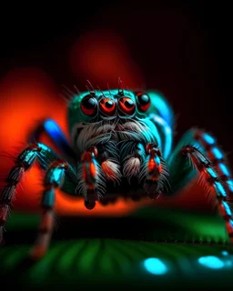 Jumping spider macro shot, neon lighting