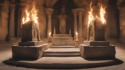 two identical, large thrones atop a stone dais within a room sculpted from stone. There are lit torches on the walls.