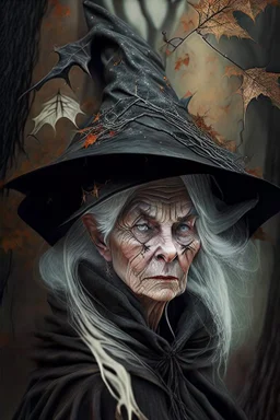 Old White-haired Witchery Witch in her pointed hat ready for the Coven in rusty autumn leaves and silver cobwebs. with burnished browns and abyss black.