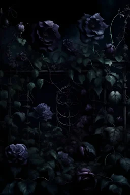 dark garden with grapevines, occult, darkness, purple flowers and black roses