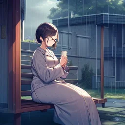 anime girl sitting on a porch swing of an old house, journaling, wearing pajamas,sitting next to a cup of coffee, writing in a book, shes watching it rain, more detail on hands and her face,shes deep in her thoughts, wearing glasses, rain drops