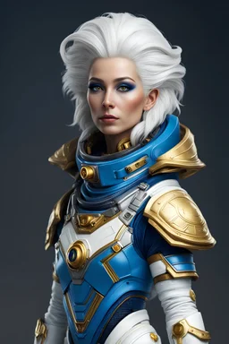 tabletop role-playing miniature of an extraterrestrial commander, beautiful humanlike face, white hair, wearing blue spacesuit with golden parts. full body. concept art hyperrealism