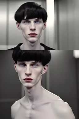 pale skin tone, black hair in a longish bowl cut with whisps in front of his ears, face is thin with high cheekbones and deep blue eyes. lean build that suggests he doesn't engage in a lot of physical activity. He is of average attractiveness with a boyish face.