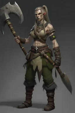 tall female orc platted ponytail pirate barbarian long axe