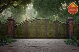 open iron gates made of colorful stained glass, covered in vines, trees, very large entry leading to a lush garden, see lot details in the garden, photo realistic 4k, nature, beautiful hand laid checkered pattern stone walkway path, trending on artstation, sharp focus, studio photo, intricate details, highly detailed, by greg rutkowski