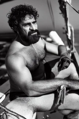 photography of An iranian offshore worker, shirtless, wearing bulging heavy-duty work pants and sturdy boots, sitting under the scorching sun on a merchant ship, man 66 years old, manly chest, muscular chubby , tattoo, curly beard, dirty, serious, long hair, ugly, big thighs, bullneck, big shoulders, photo realistic, photographic, super detailed, hyper realistic, UHD, frontal view , ambient occlusion