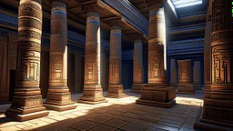 An ancient Egyptian temple interior with large stone statues, hieroglyphic-covered columns, and a futuristic spacecraft hovering in the background