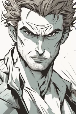 deranged young man with scruffy hair, stubble and a judgmental look on his face comic book style