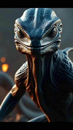 Alien looking up , d&d character art lizard features, , light , deep coal-gray skin, 8k, 3d cgi, unreal engine 6, high detail, intricate, cinematic battle background