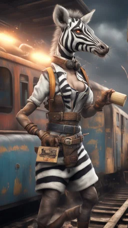 zebra with rolling pin and flashy magazine cover illustration, fallout 4 docks setting, horror weird cowboy wizard cyberpunk weasel in female garments on top of train ,holding dynamite, getting hit by lightening electric arc, with big disturbed eyes,bokeh like f/0.8, tilt-shift lens 8k, high detail, smooth render, down-light, unreal engine, prize winning