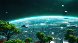 hyper realistic, tron legacy movie, beautiful green untouched planet and an inhabited planet below, space ships and few planets on the left, city of the future with green and dark red trees, hyper realistic