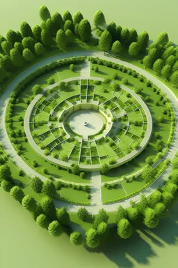 Create a detailed 3D plan view of a 100-acre circular recreational area, divided into four equal quadrants: Forest and Lake Area (50 acres): Occupies the two quadrants on the left side (from the 9 o'clock to the 3 o'clock position). Dense forest with a variety of trees. A large, serene lake centrally located at the intersection of the two forest quadrants. Walking trails meandering through the forest. Small clearings for picnics and benches near the lake. Ensure the forest creates a natural, t