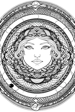 Mandala of the Yin Yang symbol merged with the Sri Yantra, rendered in black and white with clear lines for an adult coloring book, contour, vector, clean line art, against a white background