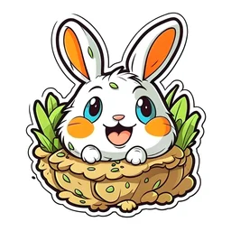 cute stickers, style cartoon, cute Super Deformed Character, white border, high quality, colorful, Detailed illustration ofrabbit digging a burrow. awesome full color,