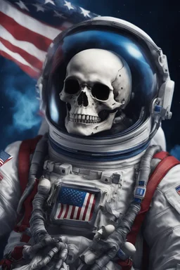 A close up of a skeleton face in an astronaut suit floating in space. On his suit is an American flag and in his one hand is a small wavering American hand flag. From the back of his suit is blowing out blue, white and red smoke. Realistic, 8k, highly detailed, funny