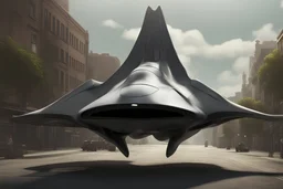 small, sleek, cargo spaceship, looking like a manta ray, landing on an alien street, photorealistic, highly detailed