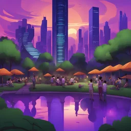 "Create an image of a futuristic city at dusk, reflecting a blend of nature and advanced technology. The scene features towering skyscrapers with glowing windows, intertwined with lush greenery and cascading waterfalls. In the foreground, there's a serene park with people of diverse ethnicities enjoying the evening. The sky is a vivid canvas of purples and oranges, with drones softly glowing as they hover above. The architecture combines sleek, modern designs with organic shapes, symbolizing a h