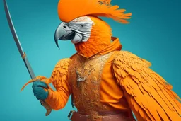 half parrot half human in a orange Dutch uniform with a katana having a sword fight