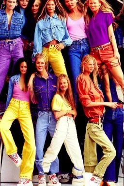 year 1996 denim fashion. Loose fit, low waist, baggy. Colors: denim blue, blue, purple, khaki, light green, lilac, plum, orange, terracotta, red, light yellow, lion yellow, pink, dark blue, beige. Women models. Jennifer Lopez, Kate Moss, Gwyneth Paltrow. Big tennis shoes on.