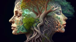 woman and tree mixed into one beautiful creature, intricate details, masterpiece, 3d, 64k, high resolution, high detail, computer graphics, hyperrealism, f/16, 1/300s. digital painting