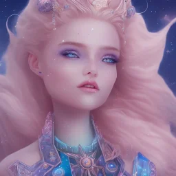 cosmic petit prince belle fine, profil de trois quart, grand front cosmique, peau bleu cristalline, yeux bleu, perle sur le front long cheveux blond et rose etoilé, cristaux sur le corps, collier de grande princesse, levres souriante, très jolie sourire