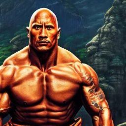 Fantasy, Dwayne Johnson as shaolin monk, heroic, award winning, insanely detailed, sunlit, realistic, meditating,acrylic paint, 8k resolution, hdr