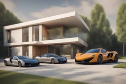 Modern apartment on the outskirts of a metropolitan city, with 2 supercars in the garage, with a beautiful background of the city, there are several trees next to it, it has a very strong impression, 3d rendering