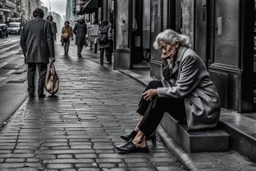 a woman sits with a sad face on the sidewalk on the street and cries, people pass by her, a gray crowd of passers-by comes and goes, human backs rush to work, no one looks at the crying woman, dark colors and shades of gray, depressing, sad, depressed moody picture, everything is grey