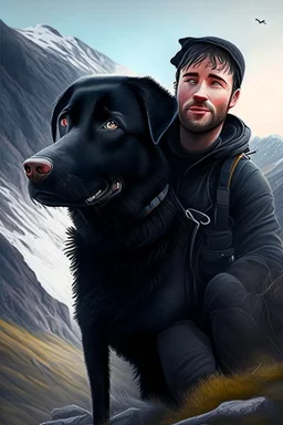 Escape to the mountains, Guy and cute realistic black dog