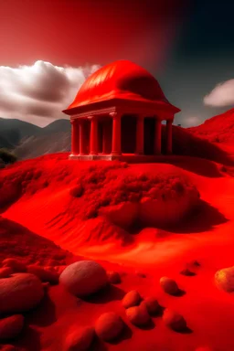 Red tempel in greek style on the bottom of an volcano