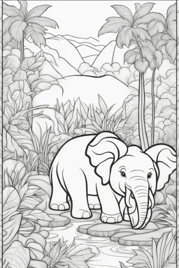 Stress Relief themed coloring page for kids, cartoon style, thick outline, No details, No shading, No colors, no background, black outline only, A cute jungle scene with playful animals and lush foliage for a calming escape