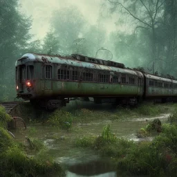 an abandoned train on tracks overgrown by nature with large puddles of water flooding part of tracks, 8k resolution, high-quality, fine-detail, intricate, digital art, detailed matte, volumetric lighting, illustration, 3D octane render, brian froud, howard lyon, selina french, anna dittmann, annie stokes, lisa parker, greg rutowski