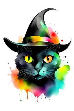 high quality, logo style, Watercolor, colorful, colorful Cute black cat face wearing a magical hat logo facing forward, monochrome background, by yukisakura, awesome full color,